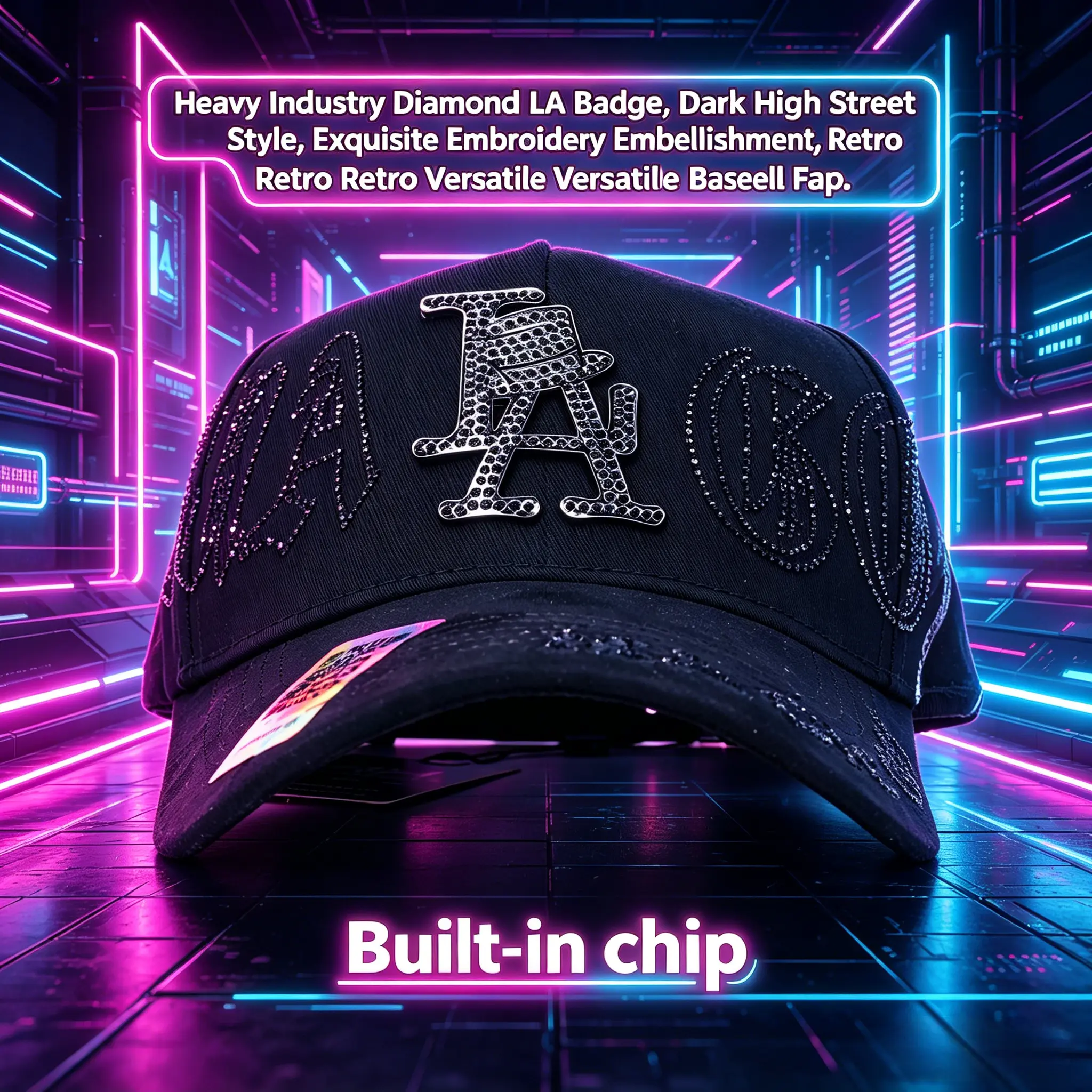 Unisex Rhinestone "LA" Baseball Cap - Festive Party Hats, Gender-Neutral Accessory, Adjustable Black Urban-Style Headwear with Built-In Chip, Beach Vacation Essential, Ideal for Party Looks or Valentine's Day Gifts, Gender-Neutral Party Hats