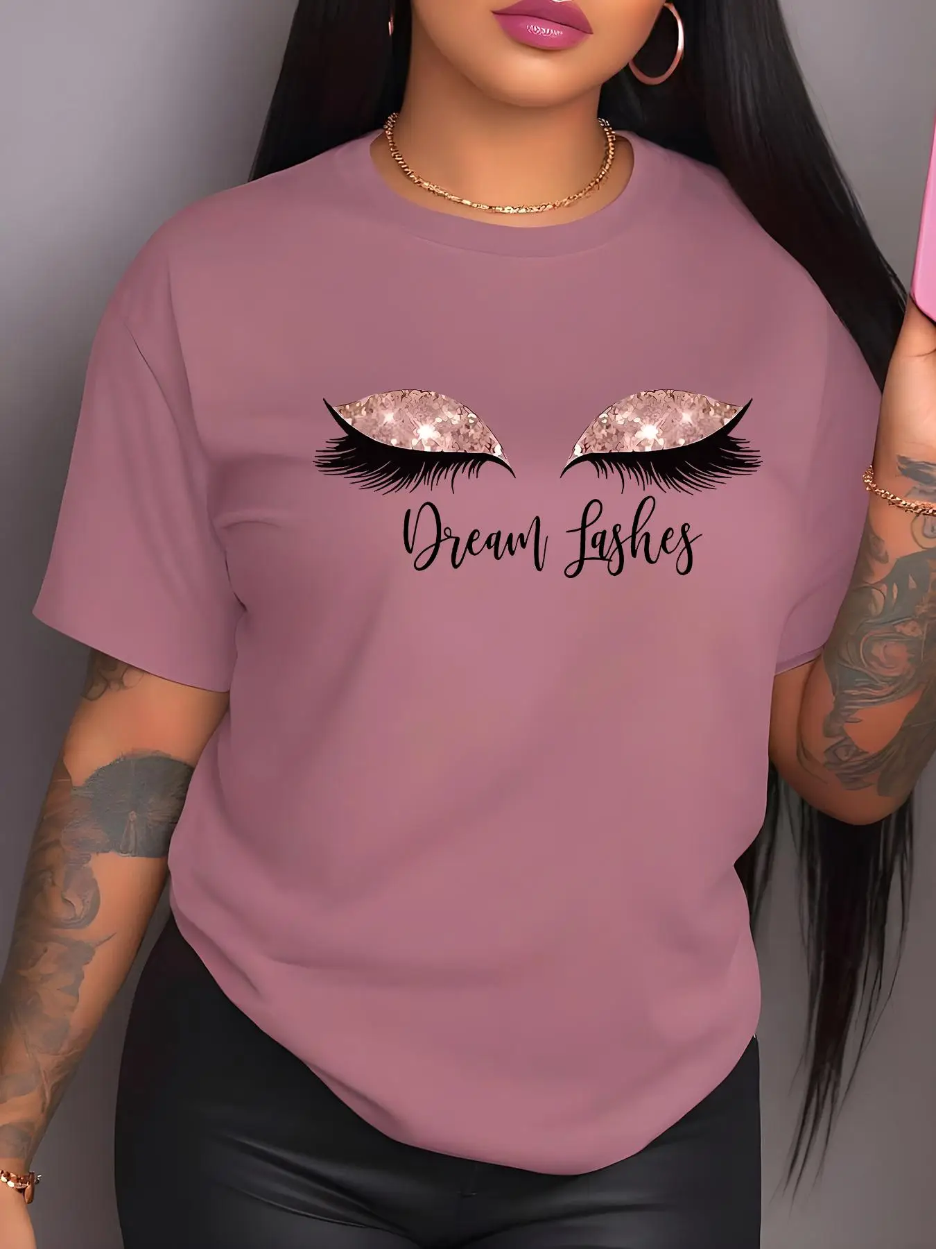 Women's Letter & Eye Print Drop Shoulder Tee, Fashion Casual Short Sleeve Round Neck T-Shirt for Daily Outdoor Wear, Ladies Clothes for All Seasons