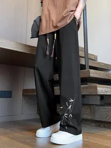 Men's Ice Silk Pants Summer Thin Loose Fit Wide Leg Embroidered Casual Trousers, Cool Sensation, Chinese Culture Style