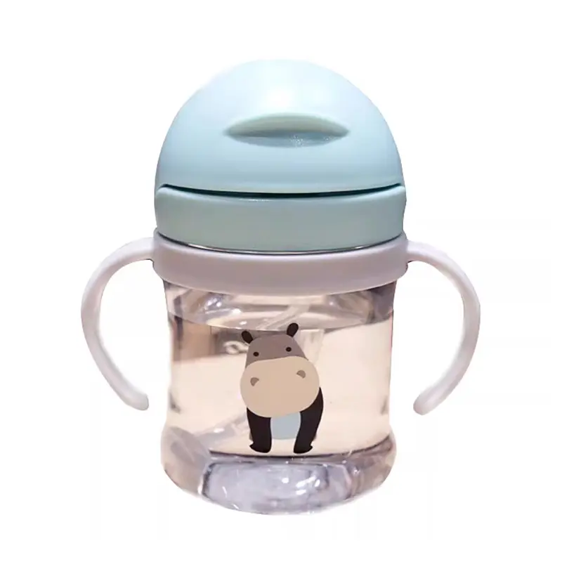Kids Leak-Proof Cartoon Animal Straw Training Cup 300ml, Silicone Anti-Drop Water Bottle with Strap Portable, Toddler Outdoor Drinking Bottle for Preschool Travel School Office