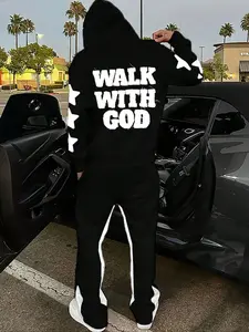 Men's Two-Piece Set Walk with God Slogan & Star Print Long Sleeve Hoodie, Elastic Waist Pants, Streetwear Casual Faith Y2K Style Fall Winter Clothes