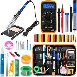Soldering Iron Kit, 60W Adjustable Temperature, Digital Multimeter, 5 count Soldering Tips, Wire, Stand, Desoldering Pump, Solder Wick, Tweezers, Welding Tool