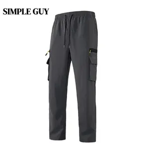 Men’s American retro outdoor cargo pants, long length, drawstring casual design, new for spring/autumn, windproof, elastic waistband, solid color
