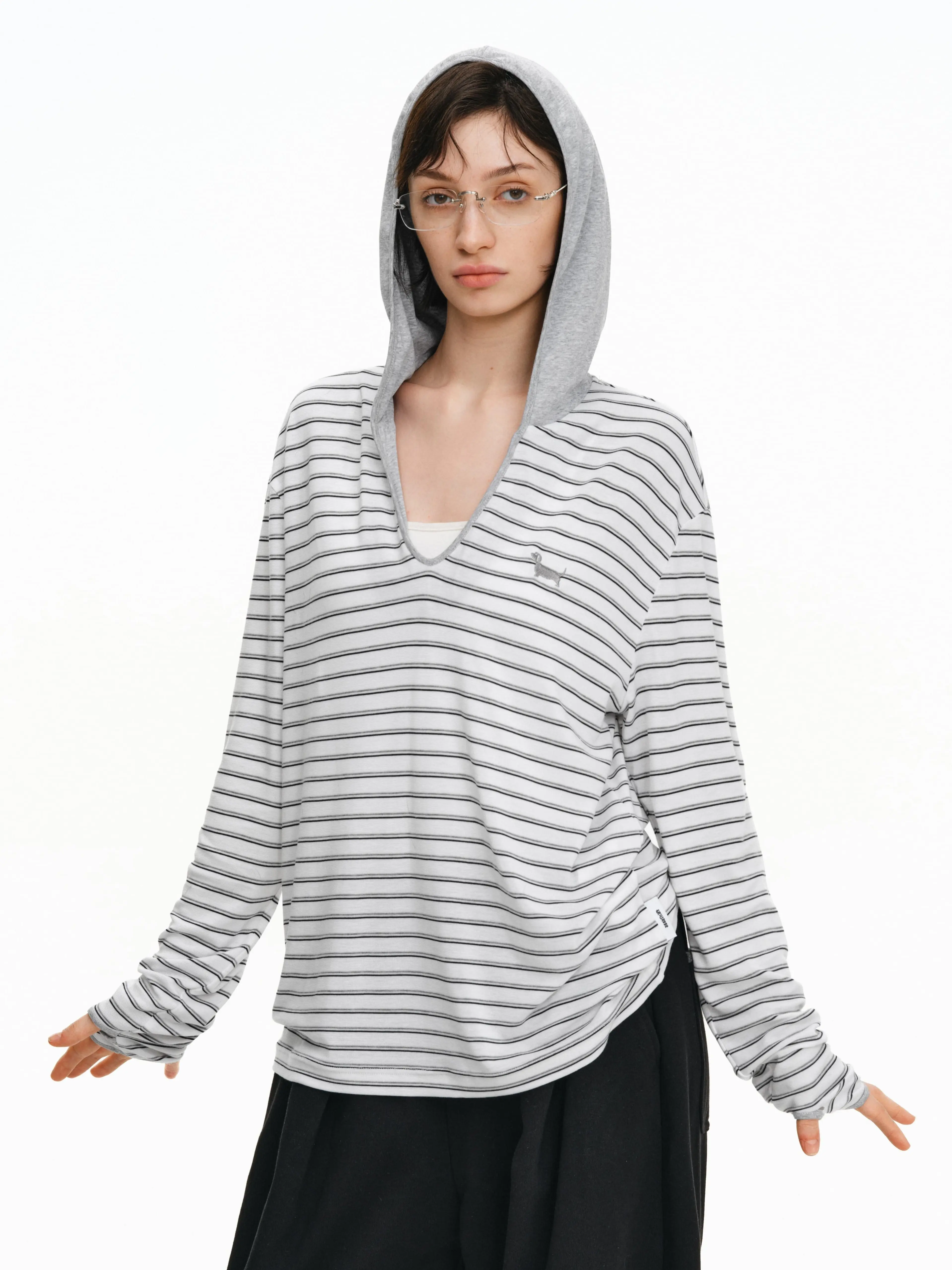 PCLP Women's Casual Hooded Top, Breathable Striped Streetwear Pullover with Deep V-Neck, Oversized Long Sleeve Fit, Style, Everyday, Street Style, Comfortable, Longsleeves, Piece, Sweatshirts, Graphic Striped Women's Hoodies, Baggy Striped Women's Hoodies