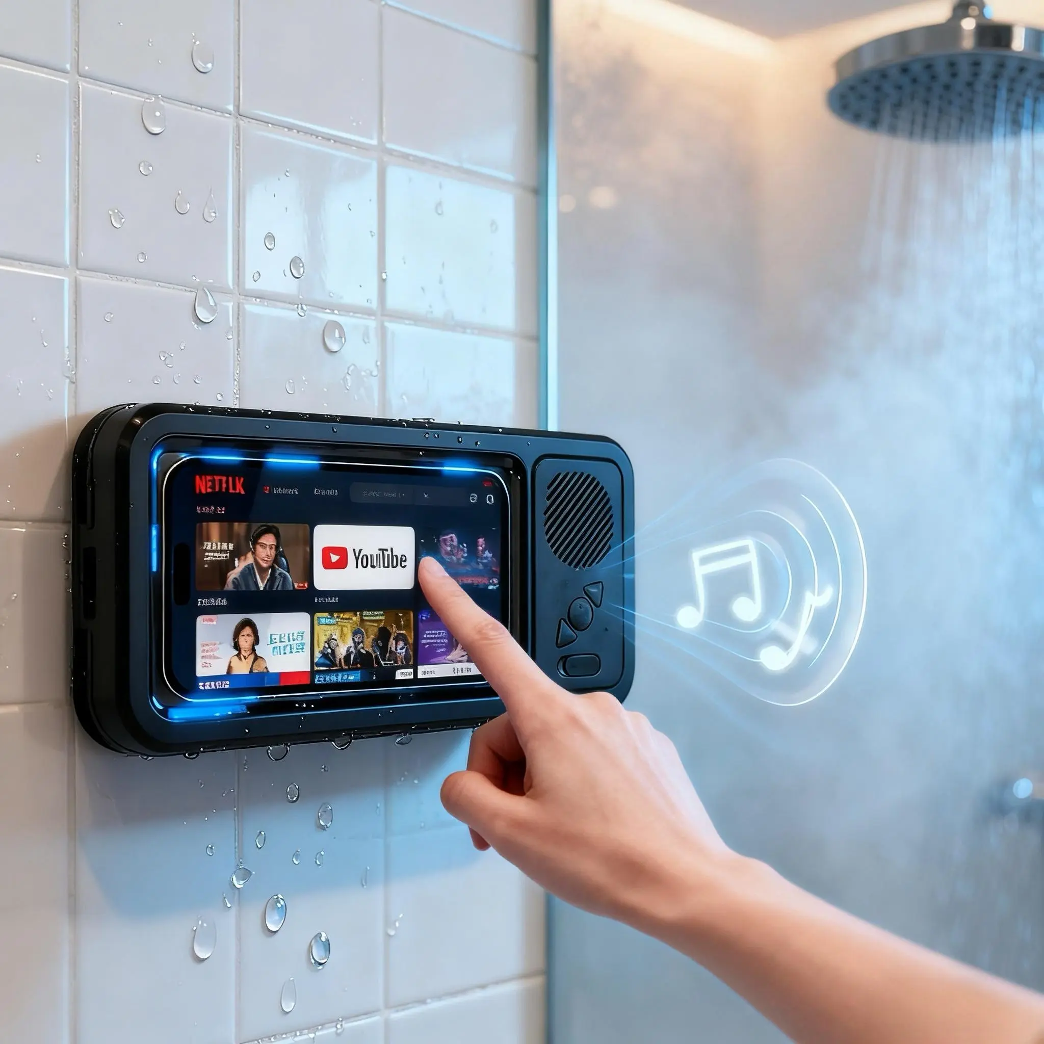 Waterproof 360° Rotating Touchscreen Bluetooth Box Speaker, Universal Phone Holder Tech Gadgets Accessories, Compact Water Resistant Audio for Bathroom, Kitchen - Device Cellphone Stand