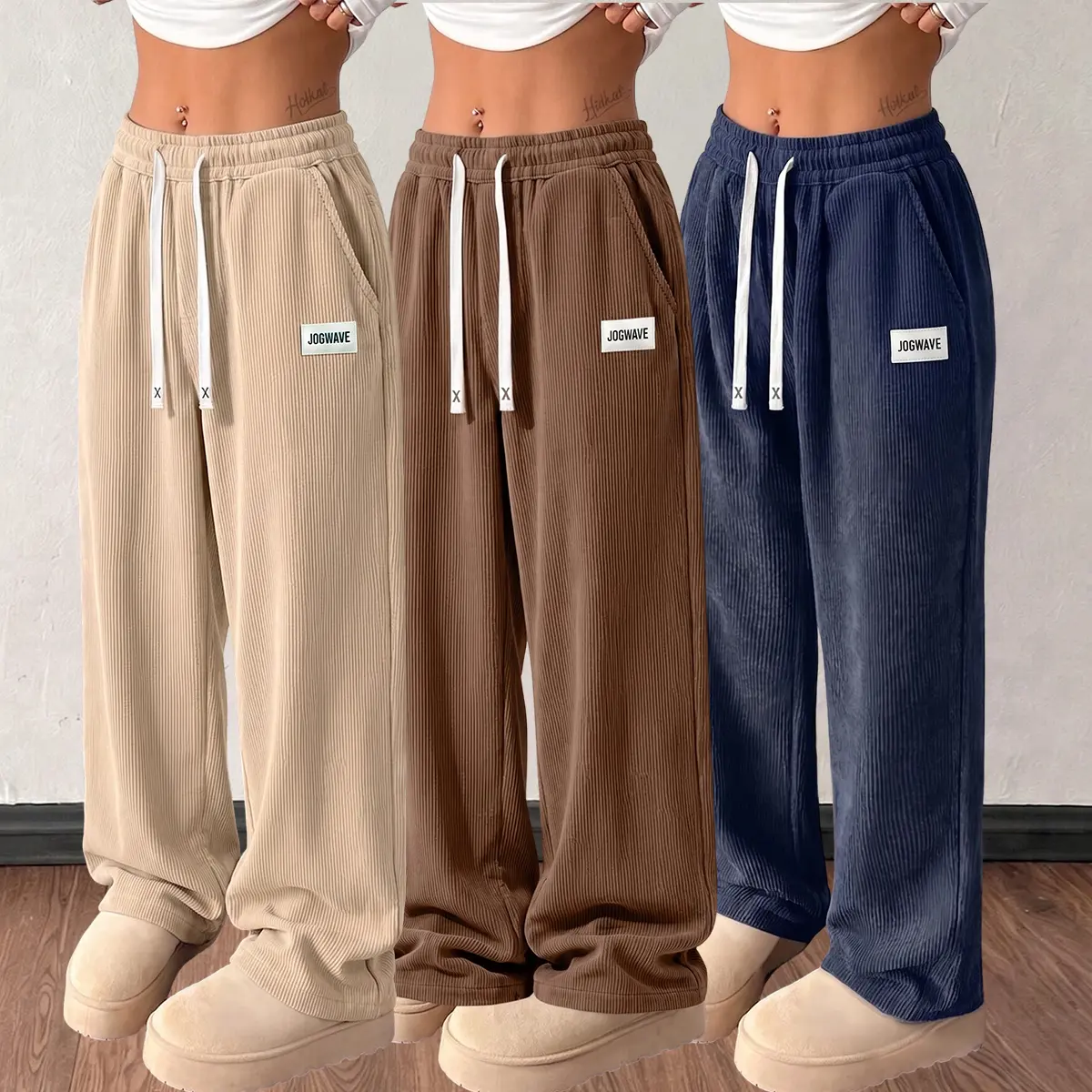 JOGWAVE Women's Polyester 3PCS Corduroy Straight Pants - Mid Waist, Full Length, Lightweight Drawstring, Plain Look Casual Pants for Spring & Autumn, Suitable for Casual Wear & Dates