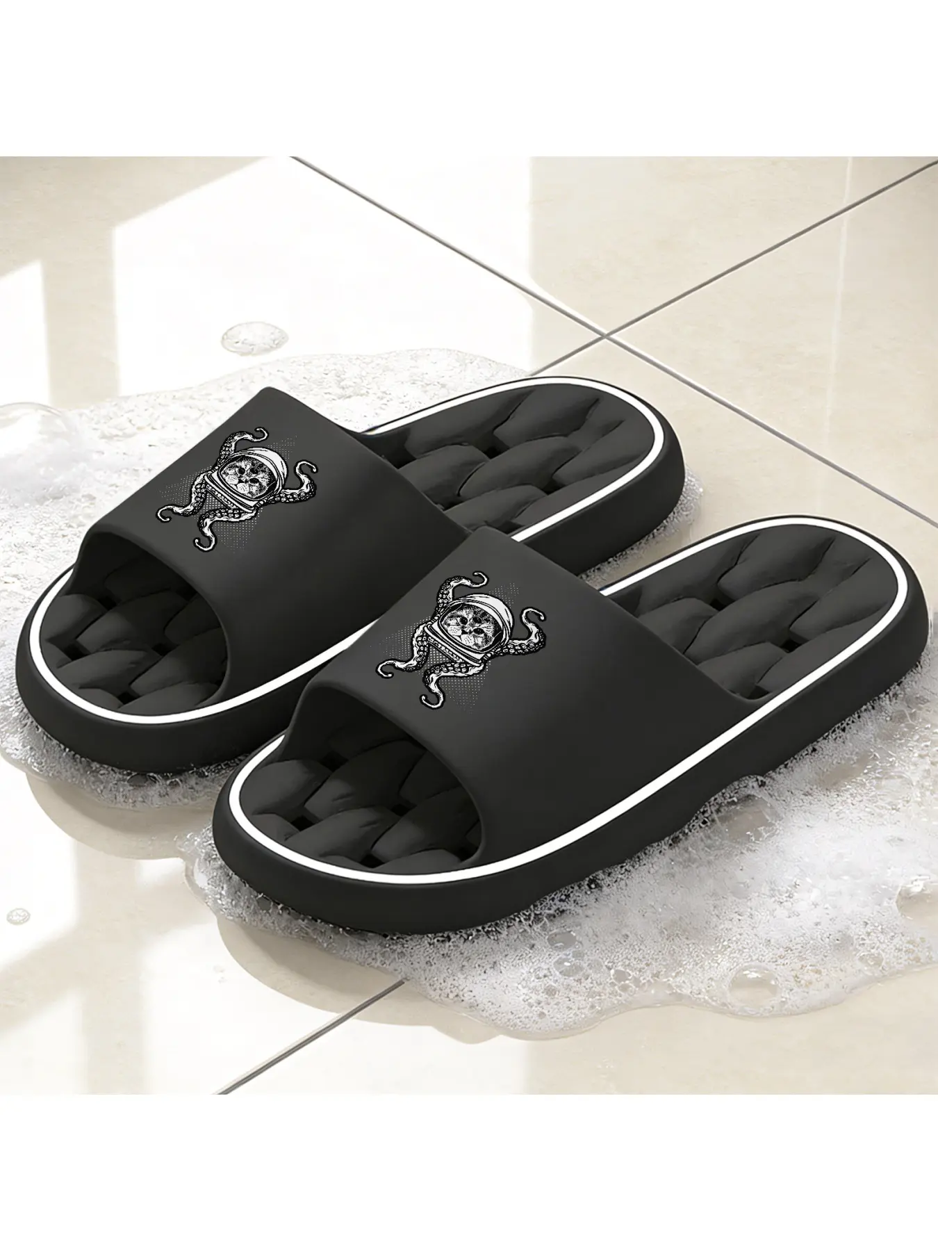 Surreal Astronaut Cat-Octopus Print Quick-Dry Hollow Out Slide Slippers, Non-Slip Drainage Bathroom Shower Shoes, Soft Cushioned Home Sandals for Sci-Fi & Quirky Style Lovers
