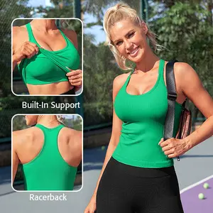 ATTRACO Women Ribbed Workout Crop Tops with Built in Bra Yoga Racerback Tank Top Tight Fit
