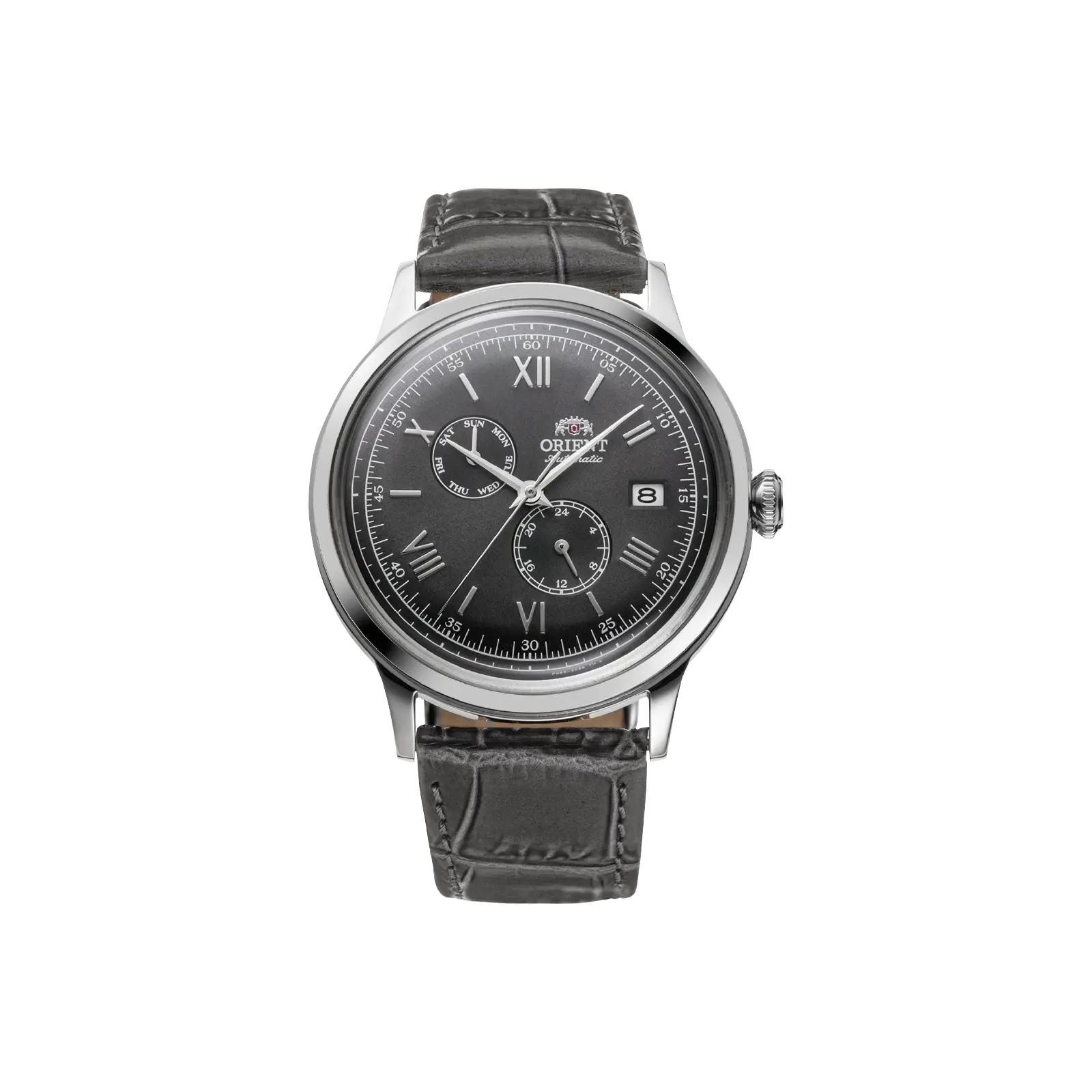 Orient Bambino V8 Unisex Dress Analog Watch, 40.5mm Automatic Date Wristwatch with Stainless Steel Case, Gray Dial and Leather Strap, Watches