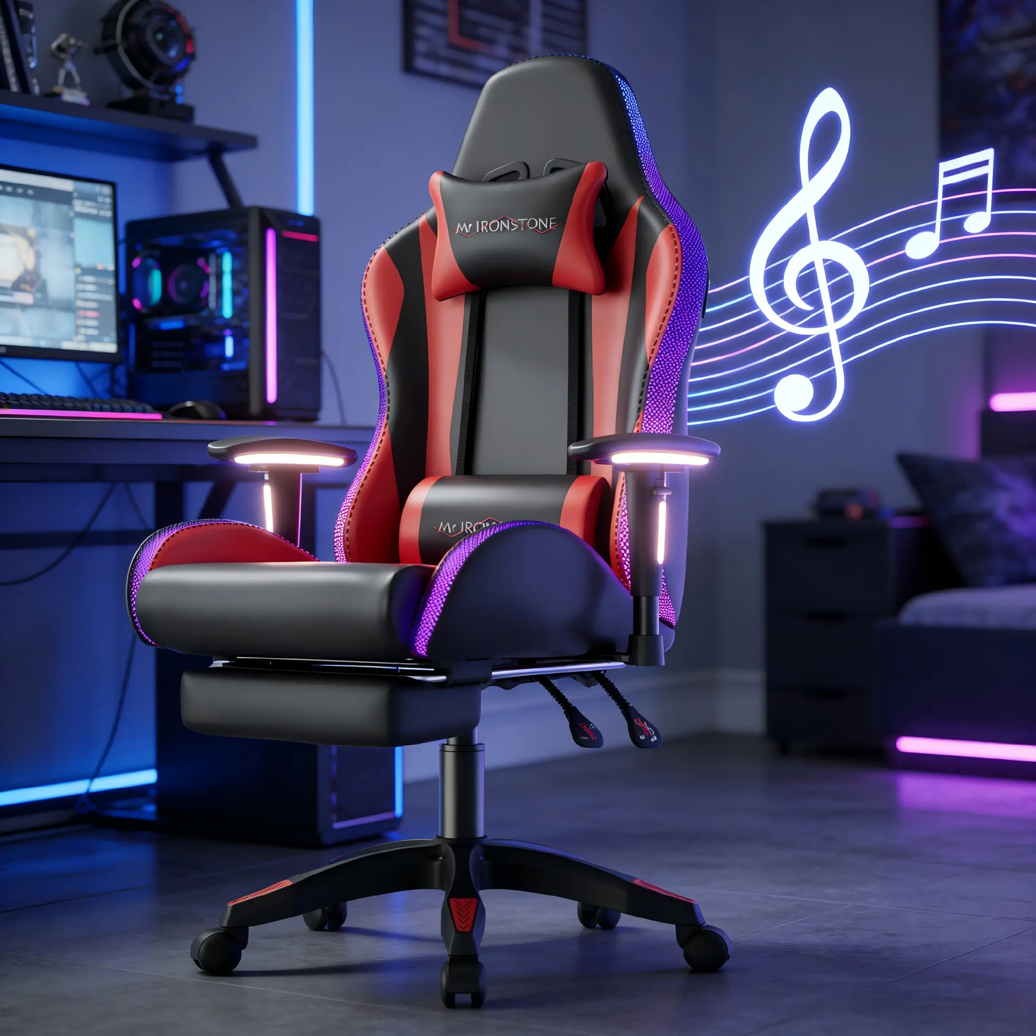 【Dual Speakers】Mr IRONSTONE Gaming Chair with Speakers and Led Lights Ergonomic Massage Computer Gaming Chair with Broaden Cusion and Footrest High Back Video Game Chair for Adults Kids Boyfriend Father's Gift, Blue Black and Pink