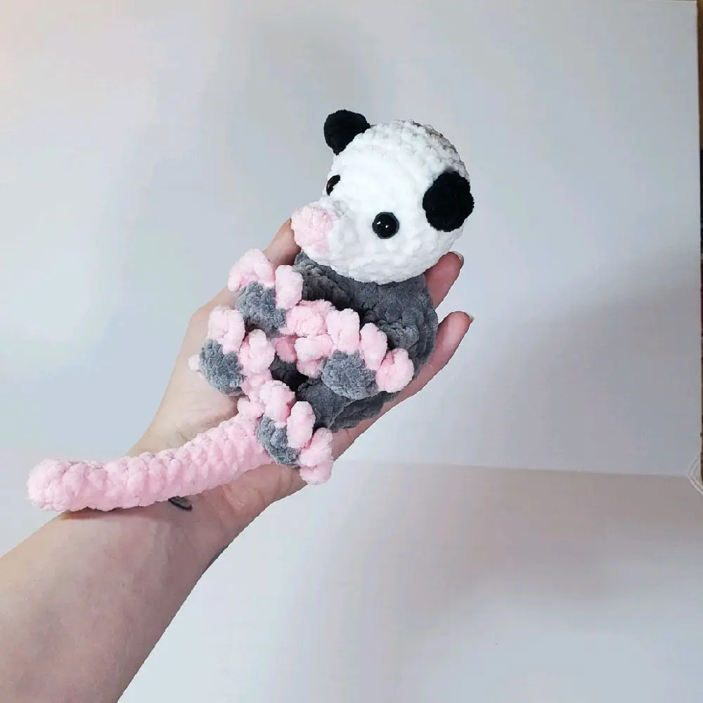 Crochet Opossum Snuggler, Handmade Soft Plushie, Flat and Flexible