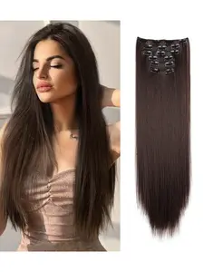 6-Piece Straight Hair Extension Set, Clip-In Synthetic Wigs, European & American Style, 16 Clips Included, Easy-To-Use Hair Extensions
