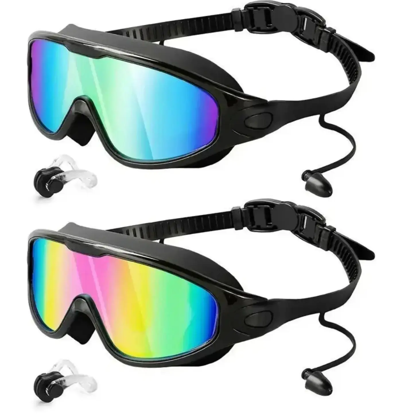 Summerwins 2-Pack Swim Goggles with Nose Clip & Earplugs, 180 Wide Vision, Anti-Fog, UV Protection, Leakproof Swimming Glasses for Adults & Kids, Pool Use, Kids Swim Goggles
