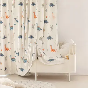 1pc Kids Room Dinosaur Chenille Blackout Privacy Grommet Curtains, Window Curtain | Heavy Drape Grommet Top, Watercolor Dinosaur/Plant Print | High Blackout for Playful Space & Matching Sheer Curtains Easy Install Curtain