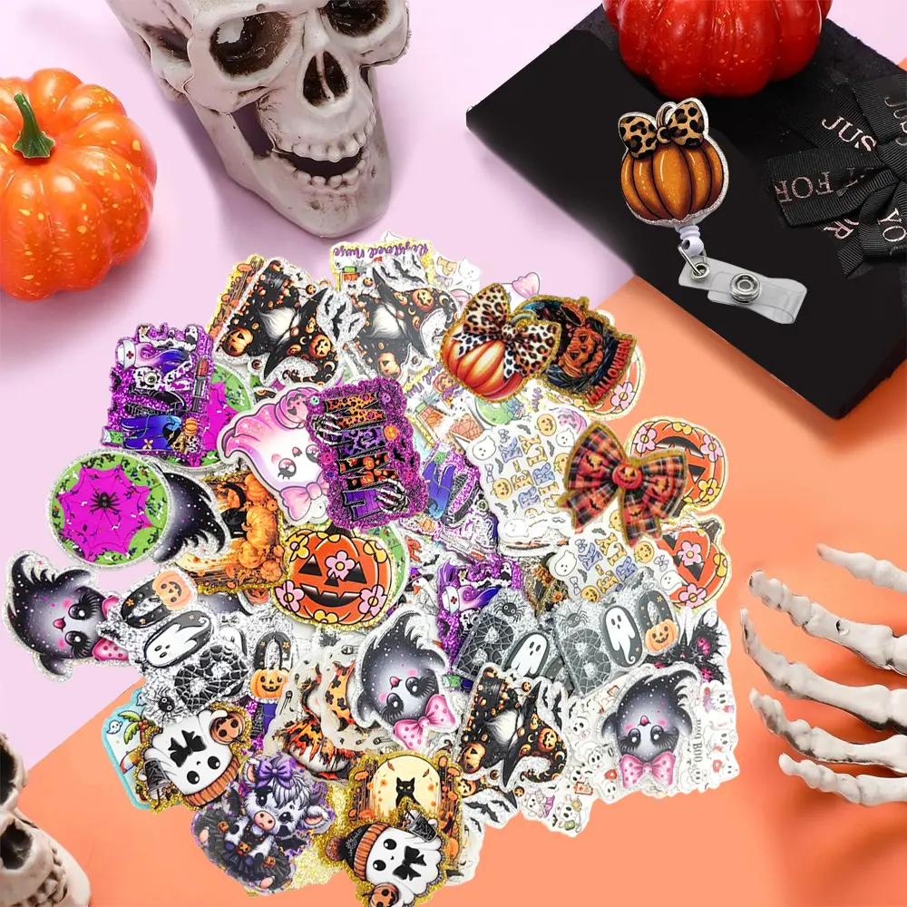20pcs/40pcs Mixed Different Styles Horror Theme Halloween Glitter Acrylic Flatback Charm for DIY, Badge Reels