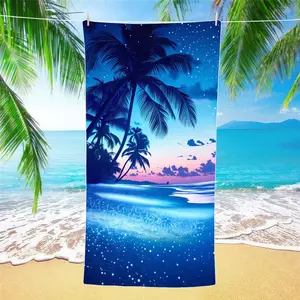 Starry Night Tropical Palm Tree Beach Towel, Quick-Dry Microfiber Sandproof Blanket, Summer Beach Pool Party Vacation Essential