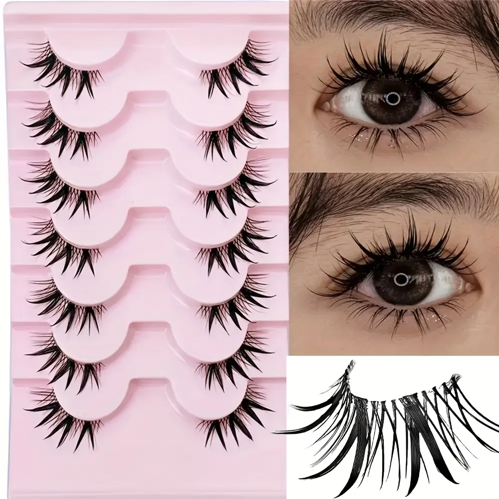7 Pairs Half Eye False Eyelashes, Artificial Lashes, Fake Eyelashes, Wet Look Manga Lashes, Fluffy Volume Eyelashes, Japanese Anime Cosplay Style, Spiky Design for Dramatic Look, Cosmetic, Fluffy Eyelashes Cluster, Doll Eyelashes