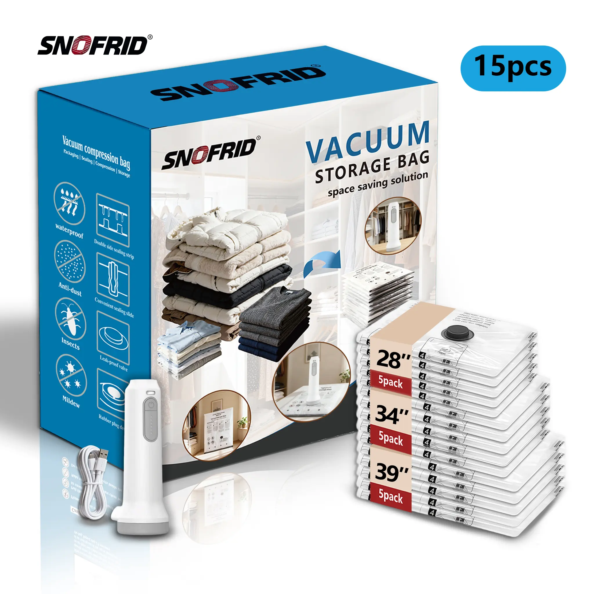【DealsForYouDays】Snofrid Cordless Travel Vacuum Storage Compression Bag Set – 15-Pack in 3 Sizes – USB Rechargeable Handheld Pump with Built-In Battery – Waterproof & Reusable Space Saver for Clothes & Packing, Perfect for Carry-On Suitcases