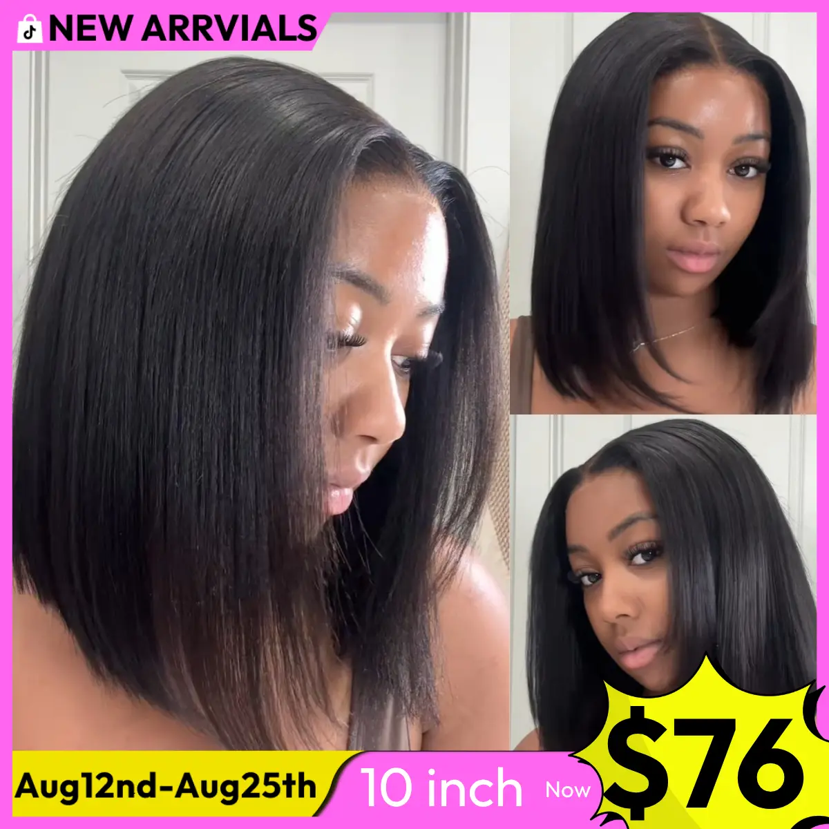 UNice Glueless Yaki Straight Short Bob Wig with Drawstring Pre-cut 7x5 HD Lace Human Hair Wigs with Bleached Knots Beginner Friendly Natural Hairline Summer Wig SummerArrvials