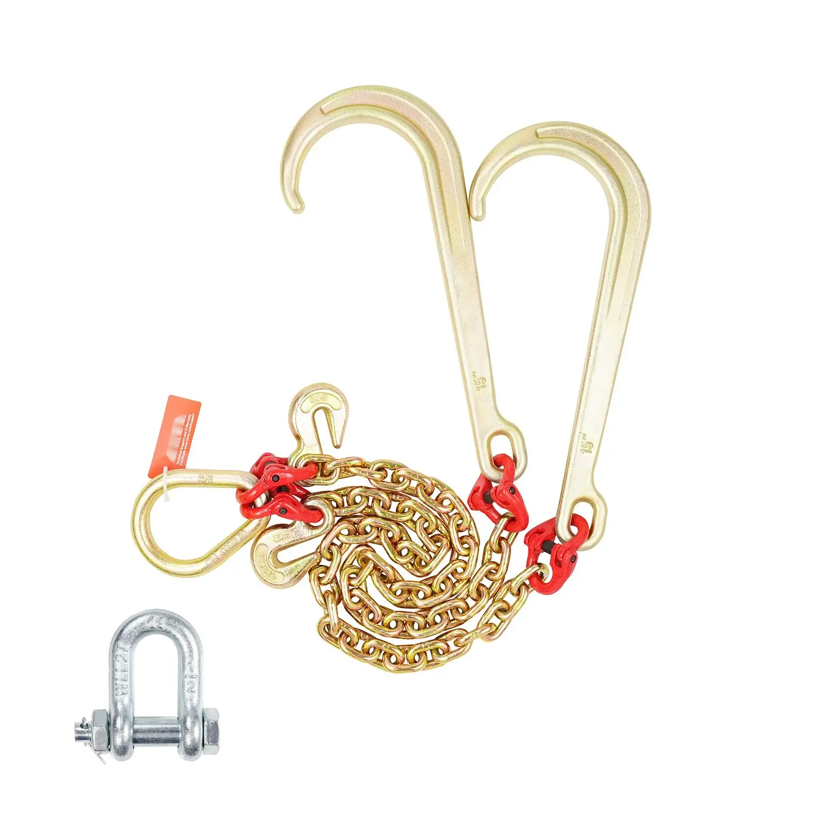5/16" x 2' G80 Tow Chain J Hook, V-Chain Bridle, Grab Hook, Wrecker Hook For Towing And Recovery, Heavy Duty Industrial Grade Chain Accessory, 10800 Lbs Working Load Limit, Suitable For Auto, Truck And Heavy Equipment