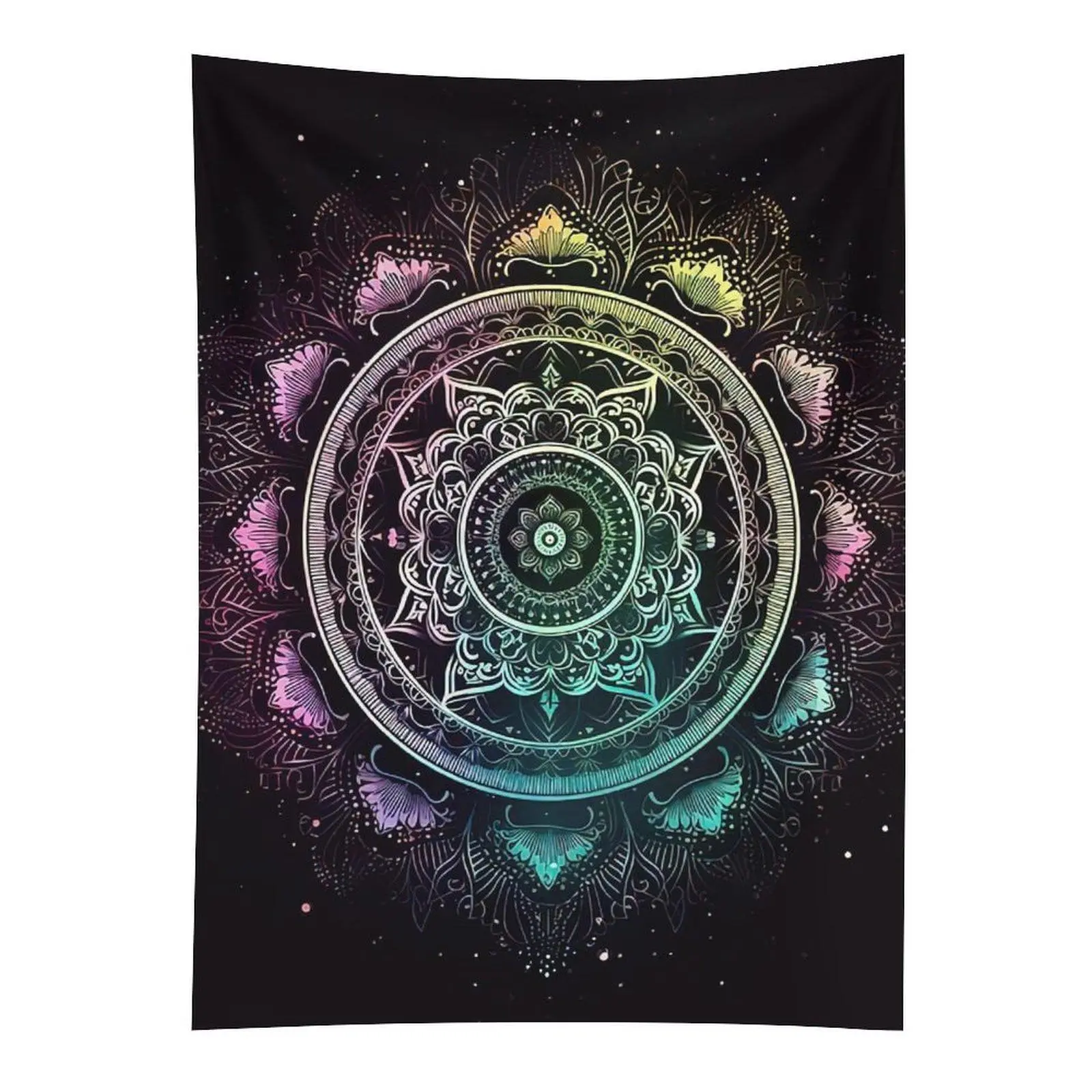 Classic Black Mandala Tapestry, Neon Floral Boho Wall Hanging Decor, Polyester Fabric Rectangle Shape for Everyday Use