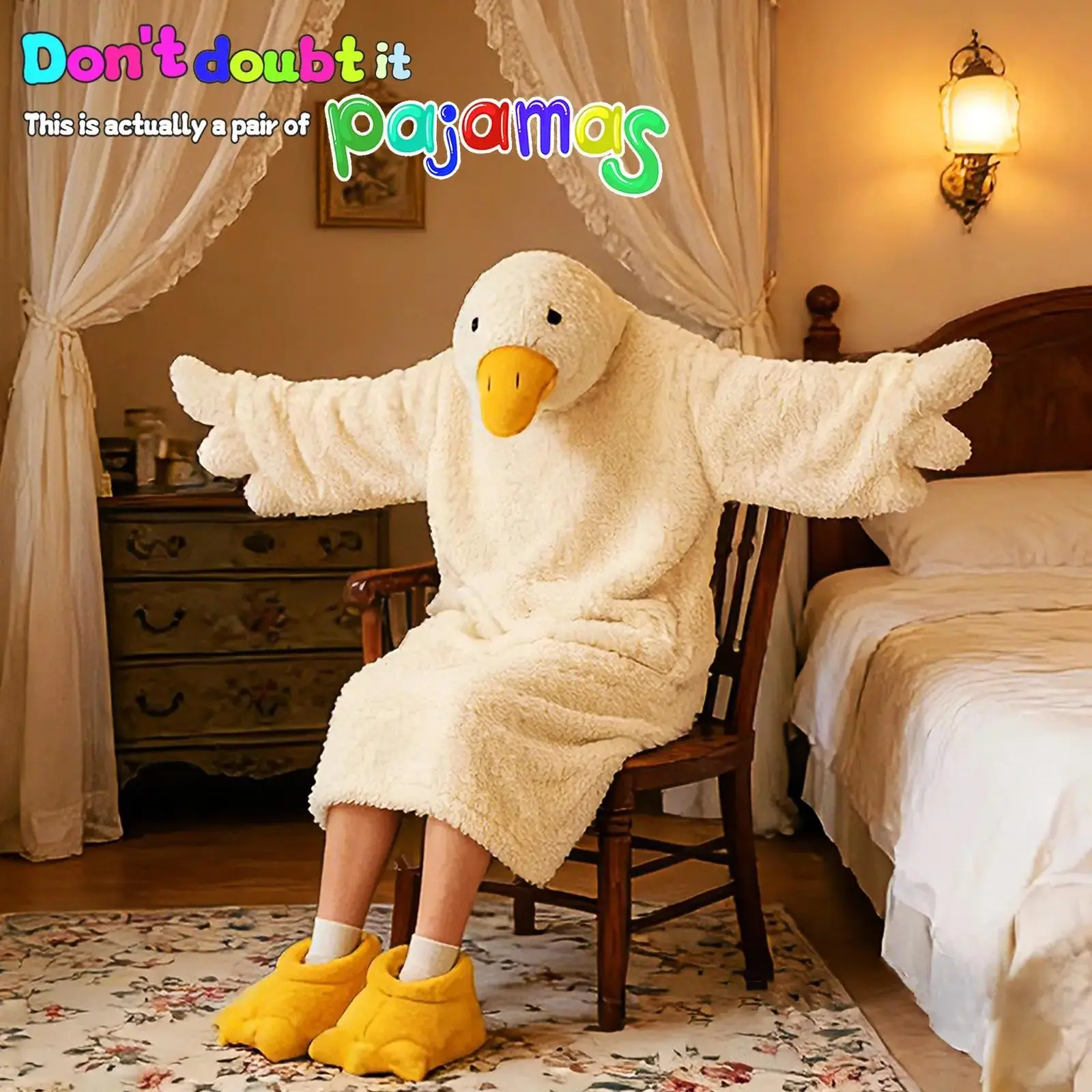 Funny Duck Fleece Onesie Pajamas for Adults, Cozy Hooded Costume with Duck Foot Slippers, Long Sleeve, Nightwear homeessentials