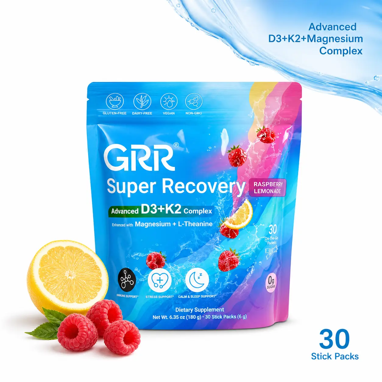 GRR Advanced D3+K2+Magnesium Glycinate Complex Daily Stick - 7 Functional Nutritional Supplements in 1 Including , L-Theanine, Vitamin C, Zinc, Boron