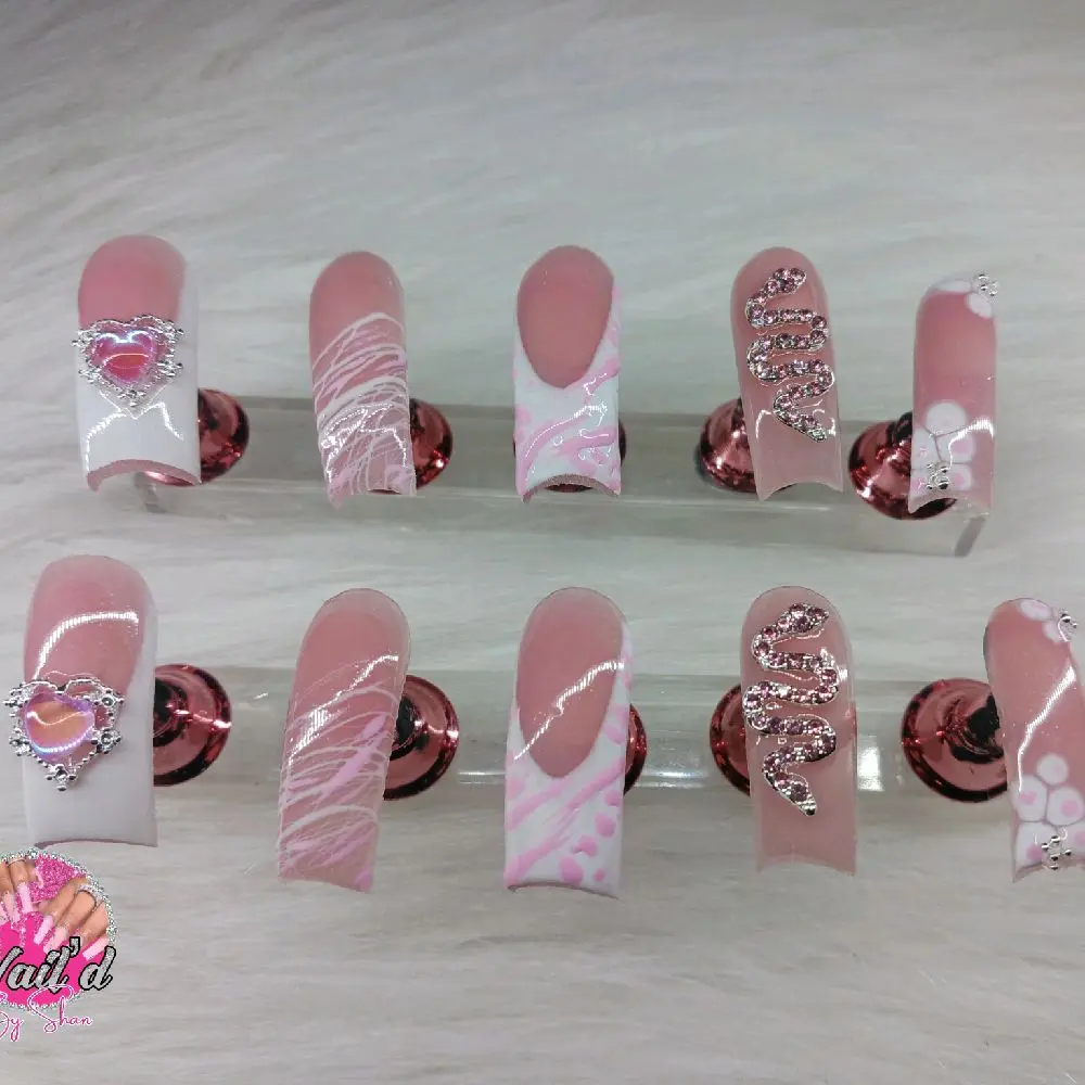 Pink Print Curved Press On Nails