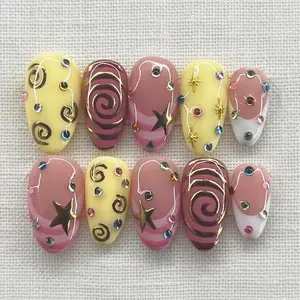 Celestial Star Press On Nails Handmade Gold Chrome Swirl Nails Cute Retro Nail Art