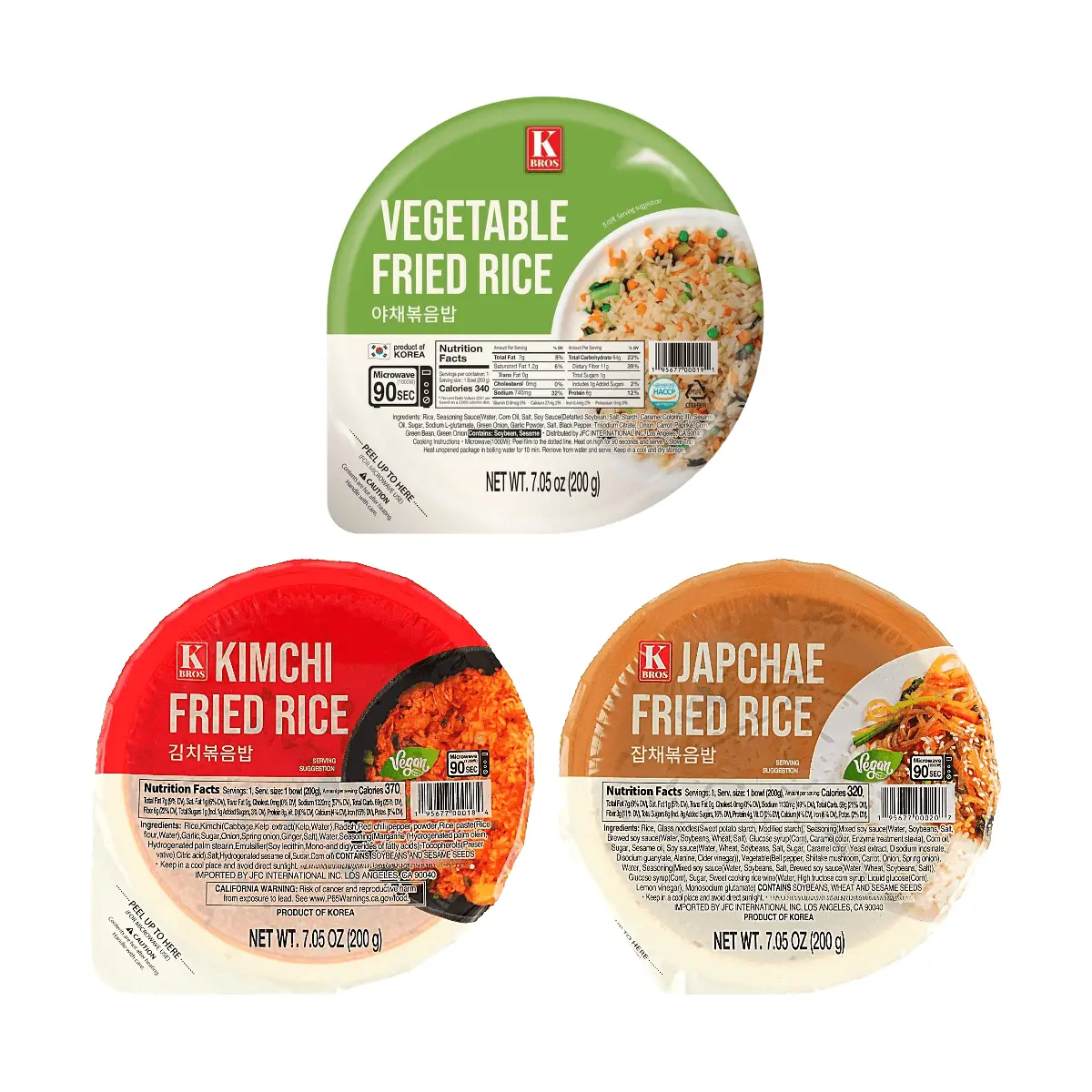 KBROS Korean Fried Rice Set - 3 Flavors (Kimchi, Vegetable, Japchae) 1.3lb - Ready-to-Eat Meal, Authentic Asian Cuisine, Quick Lunch/Dinner