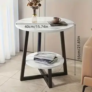 Modern 2-Tier Metal Coffee Table with Storage Shelves - Compact Round Side Table for Living Room, Balcony, or Bedroom, White Marble Top, 3 Color Options