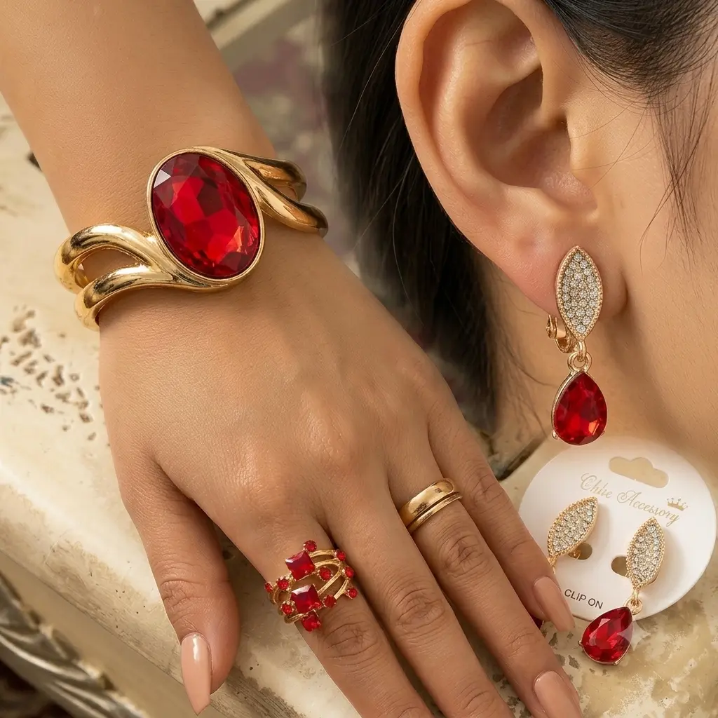 Juego de Joyería Elegante Dorado con Cristales Rojos (Brazalete, Anillo y Aretes)