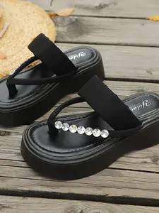 Summer Rhinestone Toe Sandals, Thick Sole Wedge Flip Flops, Height-Increasing Slimming Non-Slip Beach Shoes, Stylish Outdoor Footwear