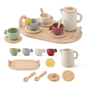 Youuys Wooden Kitchen Play Princess Prince Tea Party Set for Pretend Play Tea Accessories Sets 14pcs Tea Set with Silicone Teapot Cups for 3-6 Year Old Mothers Day Gift Summervibes