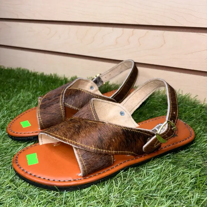 Mexican Crossed Huarache Sandals - Brown Leather & Orange Sole with Green Tags for Comfortable Wear