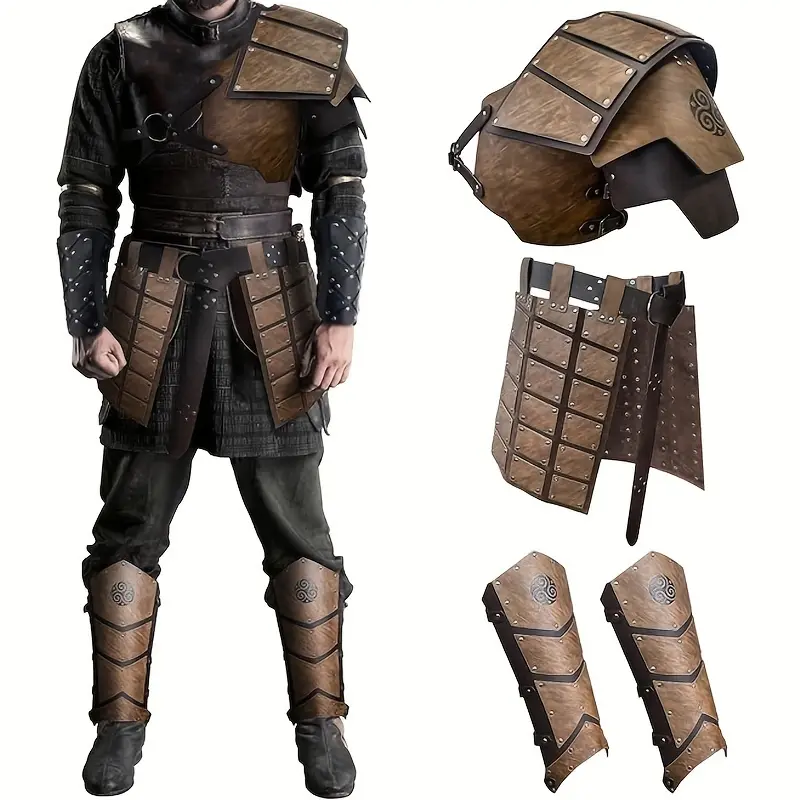 Men's Stylish 5-Piece Faux Leather Medieval Viking Protective Gear Set - Leg Guards, Shoulder Armor, Waist Belt, Helmet | Black, Beige for Halloween, Cosplay (Sports & Outdoor Accessories), Costume, Menswear