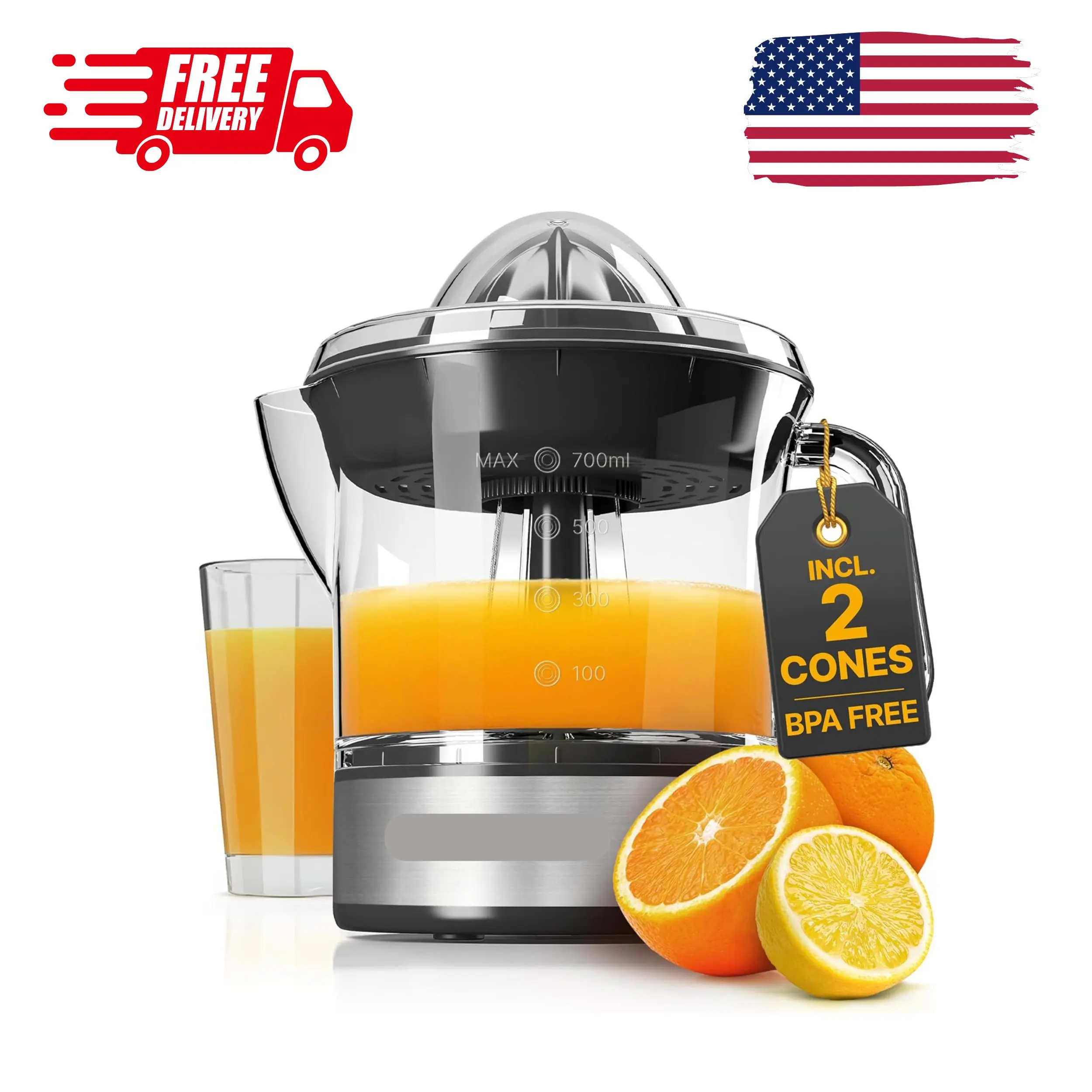 Orange Juicer Electric - 2 cones & BPA-free I High juice yield & Large Volume I 24oz