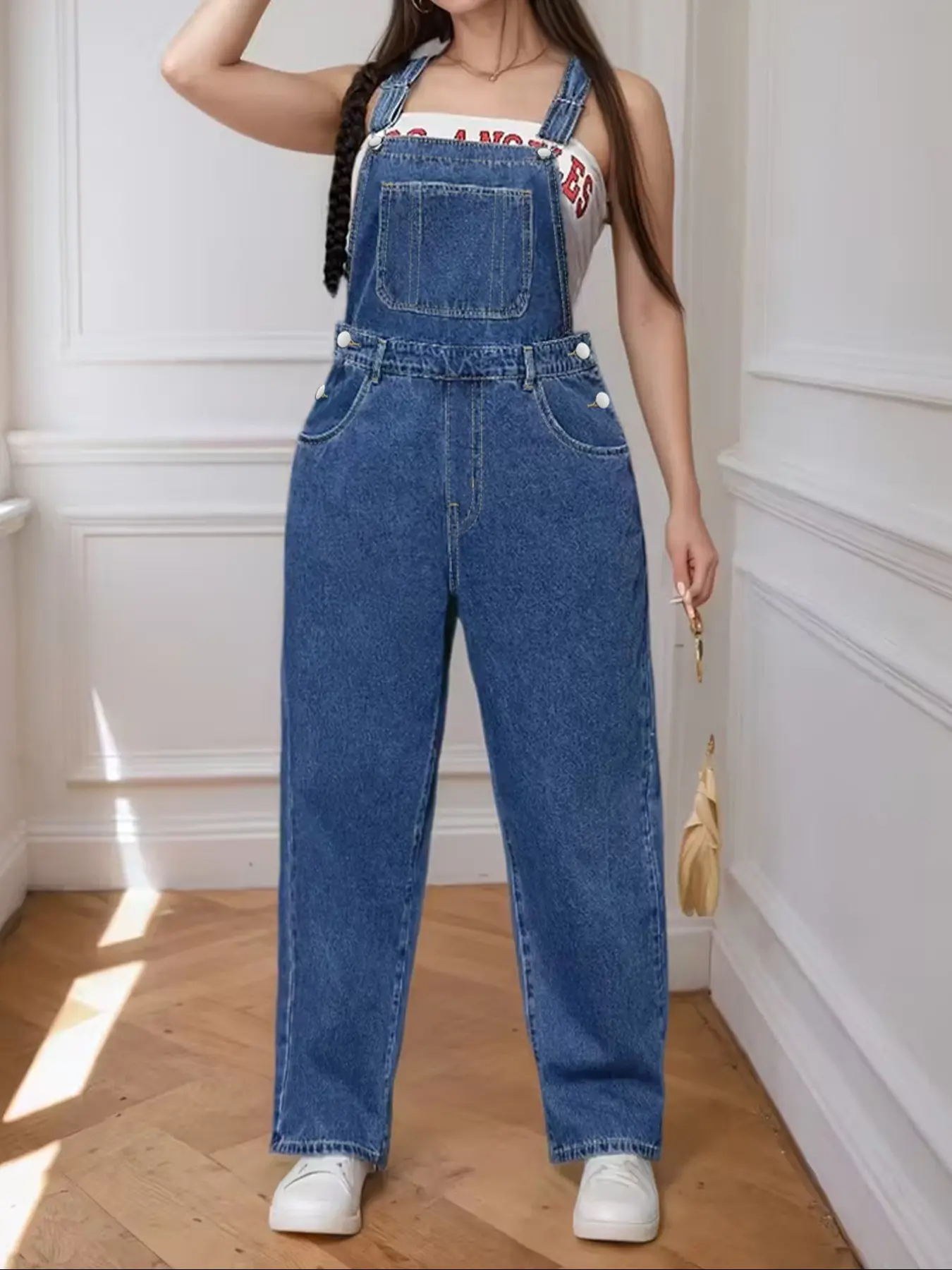 Plus Size Oversize Womenswear Women's Fashion Washable Casual Baggy Loose Fit Denim Fabric Overalls Pants, All Seasons Everyday Wear, Perfect for Dating and Outdoors