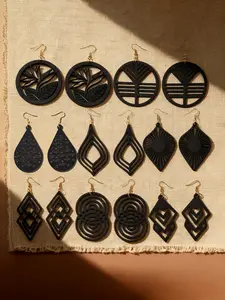 8 Pairs Series Hollow Carved Earrings Set, Vintage Wooden Jewelry for Autumn Winter, Fashion Holiday Ear Decorations, Ear Hook Design