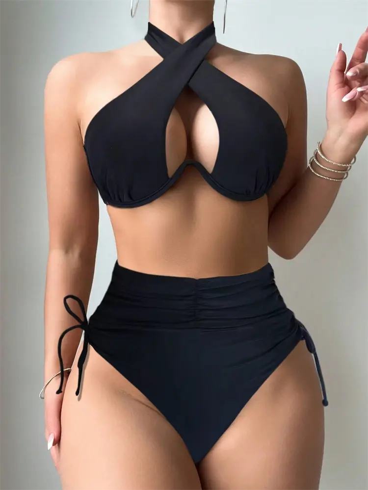 Women's 2-Piece Solid Underwired Swim Top Set - New Design Halter Neck & Strapless Cutout Sporty Bikinis, Sports & Outdoor Swimwear for Beach Lounging, Strapless Cutout Bikini Sets, Halter Bathing Suit, Swimsuit Two Piece