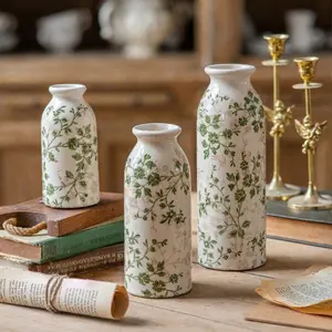 TEWEIQI Ceramic Small Vase Set 3-in-1, Crackle Glaze Distressed Rim Vintage Vases with Botanical Print, Farmhouse Home Decor for Mantel Dining Table Centerpiece