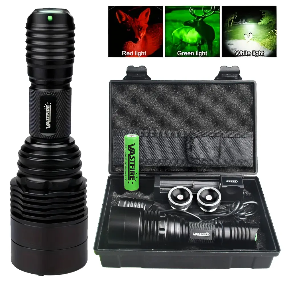 VASTFIRE C11 High Powered Flashlight - 1200Lumens Super Bright Light, 400yards Long Range, White/Green/Red LEDs, Rechargeable Aluminum Body with Included 18650 Battery, for Emergencies, Night Observation