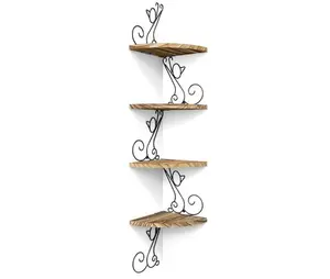 Wall Mount Corner Shelves 4 Tier Floating Corner Storage Wood Shelves Decor Decoration Gift Metal Installation