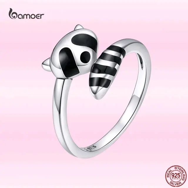 Bamoer Genuine 925 Sterling Silver Cute Little Raccoon Ring for Women Animal Ring birthday Jewelry Gift adjustable size