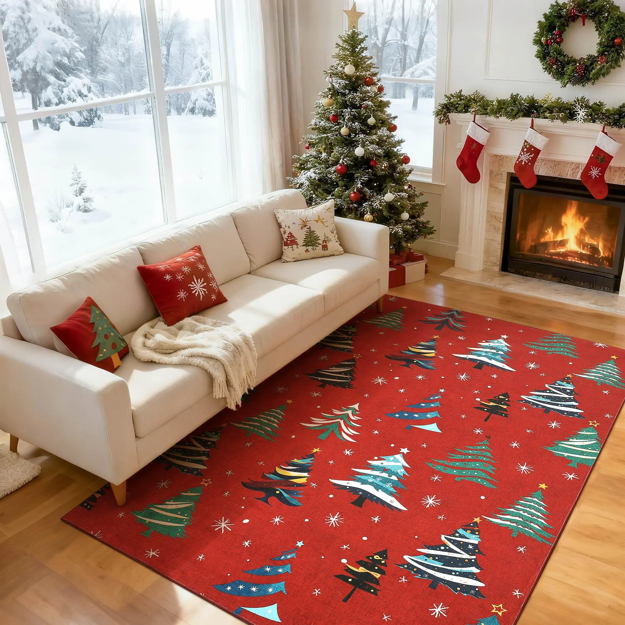 Garvee Red Christmas Tree 5x7 Area Rug, Washable, Non-Slip, Decorative Floor Carpet for Bedroom, Living Room
