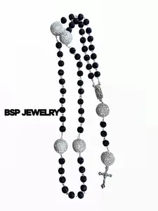 Black Iced Out Bead Rosary Necklace, Drill Ball Cross Pendant, Hip Hop Prayer Jewelry, Catholic Fashion Chain for Daily Wear