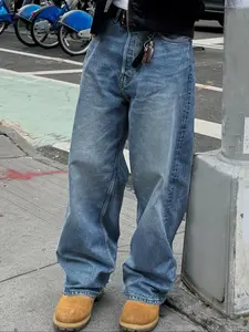 Men's Vintage Washed Denim Jeans, Loose Casual Comfy Straight Leg Jeans for Daily Wear, Woven Bottoms for All Seasons, Cotton
