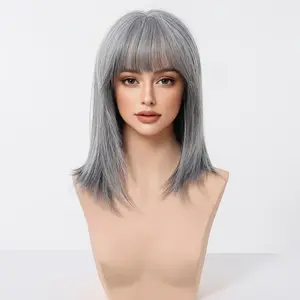 16 Inch Wig for Women - Natural Silvery Gray Hair Color, Breathable & Broken Bangs, Medium Long Straight Hair, Comfortable to Wear, Easy to Maintain, Perfect for Aging Thoughtful Details,  Comfortable Wig Elegant Hairpiece Secure Fit Wig