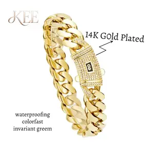 14k Gold Plated Miami Cuban Link Chain Bracelet Thickened with Stainless steel zirconium spring clip 7.5/8.5 inch Hip-Hop Jewelry for Men/Women Hypoallergenic Material, Sweat-Resistant