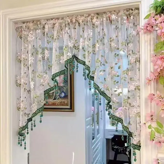 Transparent floral embroidered curtain with no-hole design, featuring beaded trim; a vintage lace rod-pocket curtain suitable for bedrooms, windows, closets, and room dividers—a great decorative piece for country-style homes, apartments, and dorm rooms.